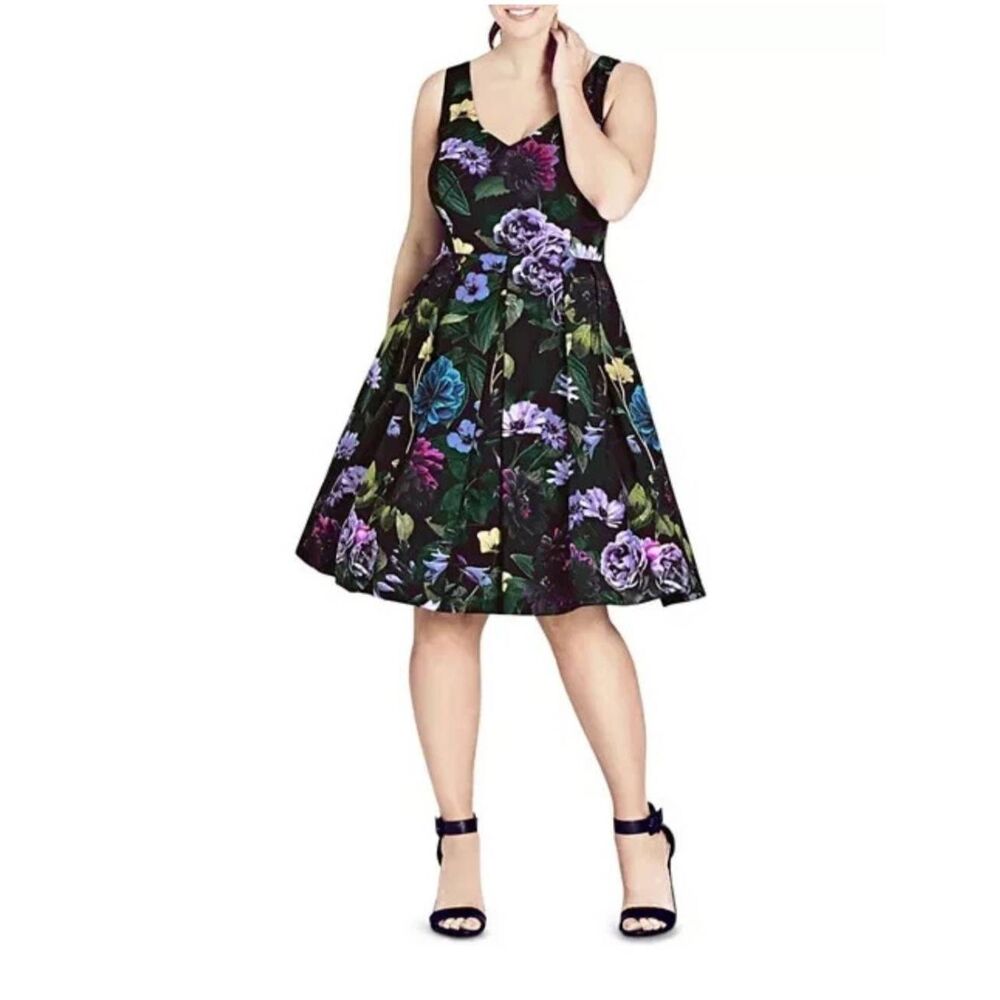City Chic Dress Perfect Floral, Garden Party V-Neck/Back, Blk/Purple, NWT, 18(M)